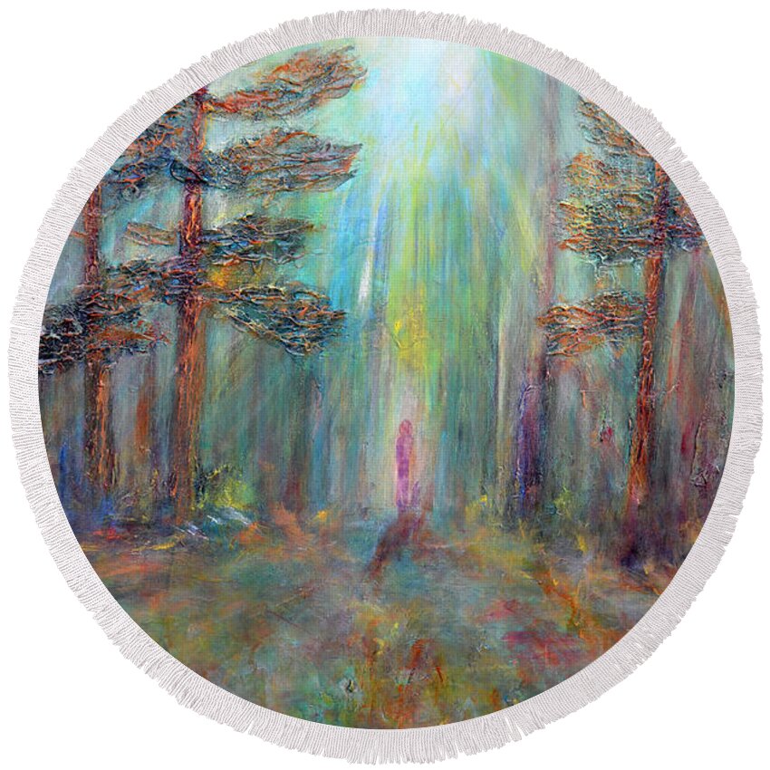 Woods Round Beach Towel featuring the painting Into the Light by Claire Bull
