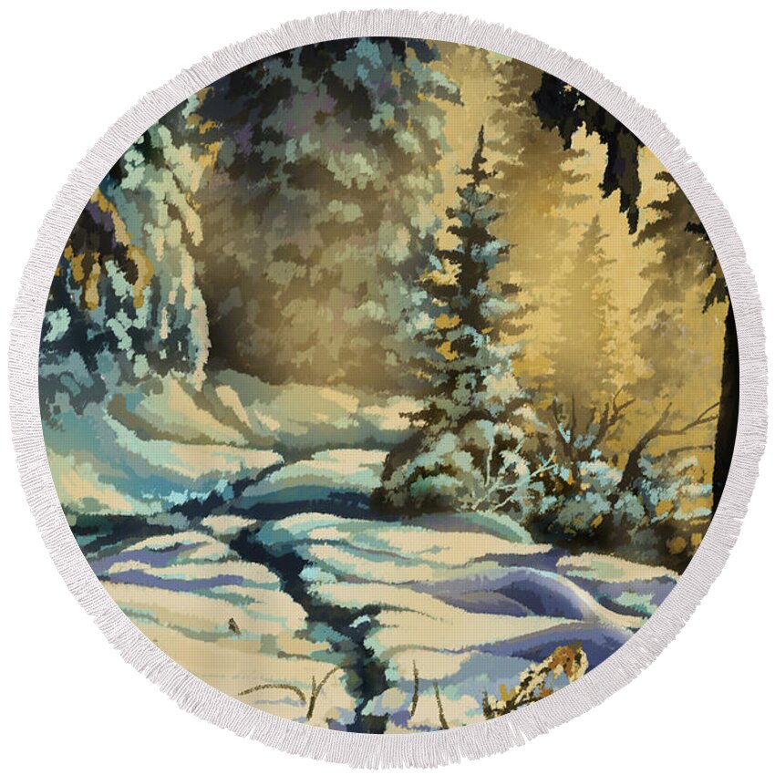 Winter Round Beach Towel featuring the painting Into the Myst by Hans Neuhart