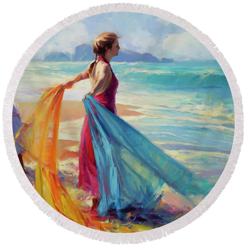 Coast Round Beach Towel featuring the painting Into the Surf by Steve Henderson