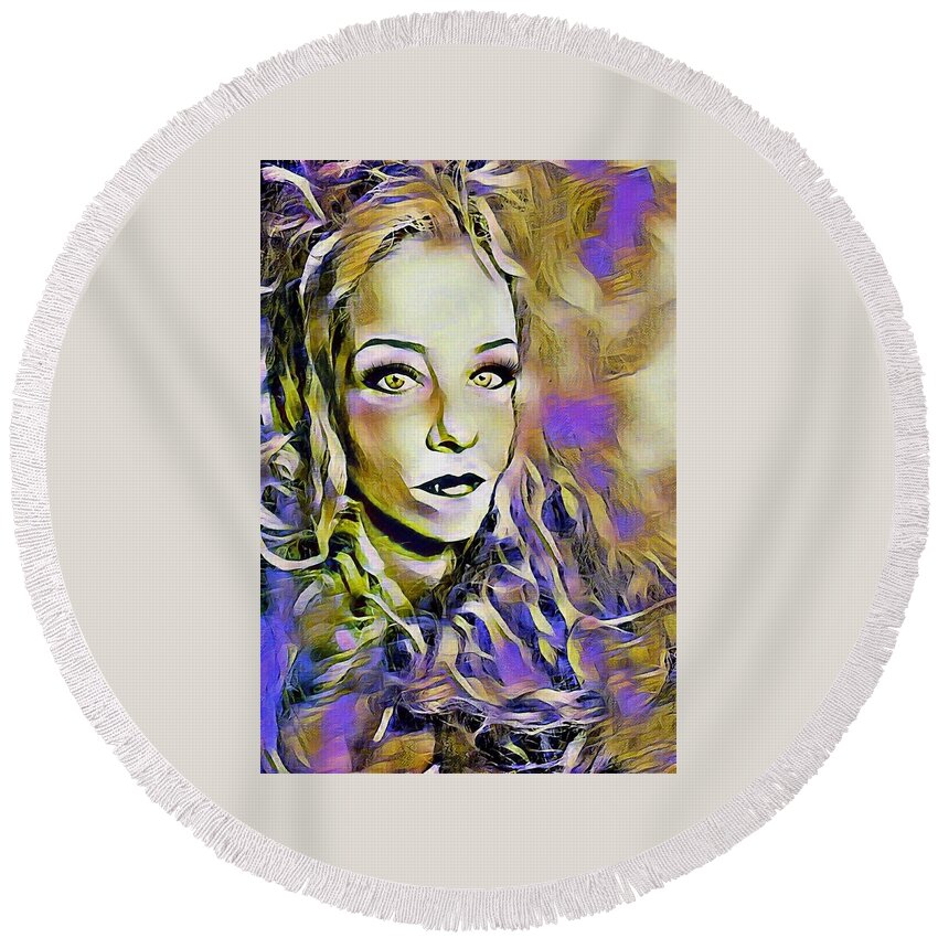 Ally White Round Beach Towel featuring the digital art Introspective by Ally White