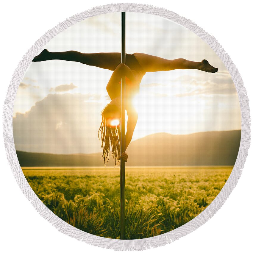 Location Round Beach Towel featuring the photograph Inverted splits at sunset pole dance by Scott Sawyer
