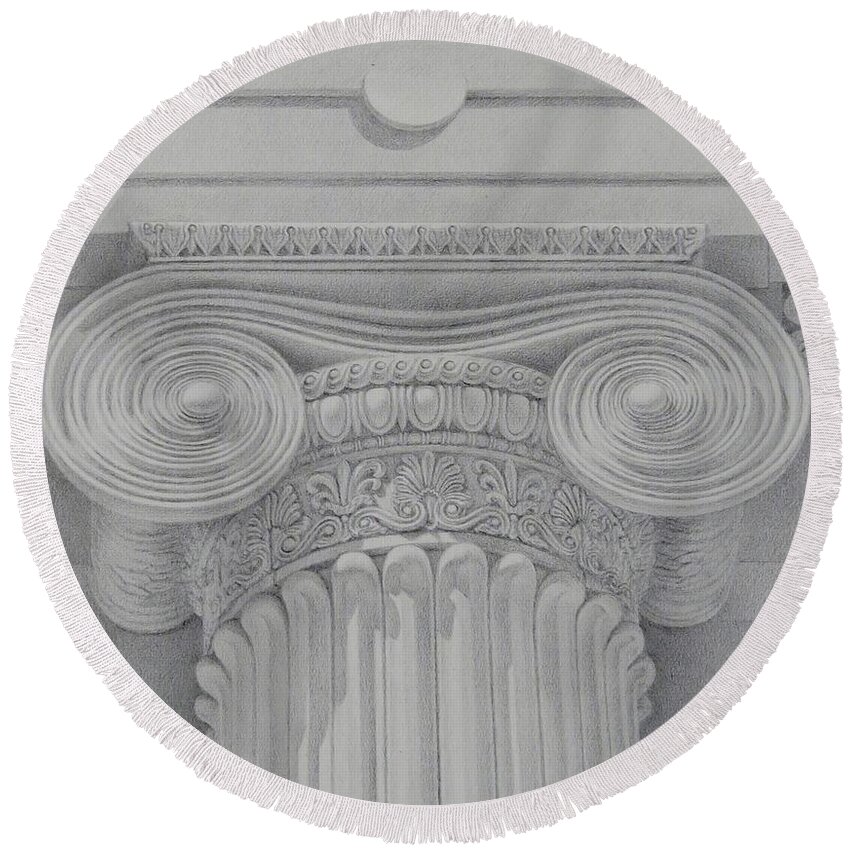 Silverpoint Round Beach Towel featuring the drawing Ionic Capital of Wall Street, NY by Anzhelika Doliba