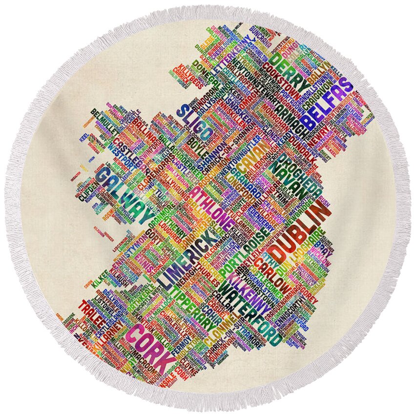 Ireland Map Round Beach Towel featuring the digital art Ireland Eire City Text Map Derry Version by Michael Tompsett