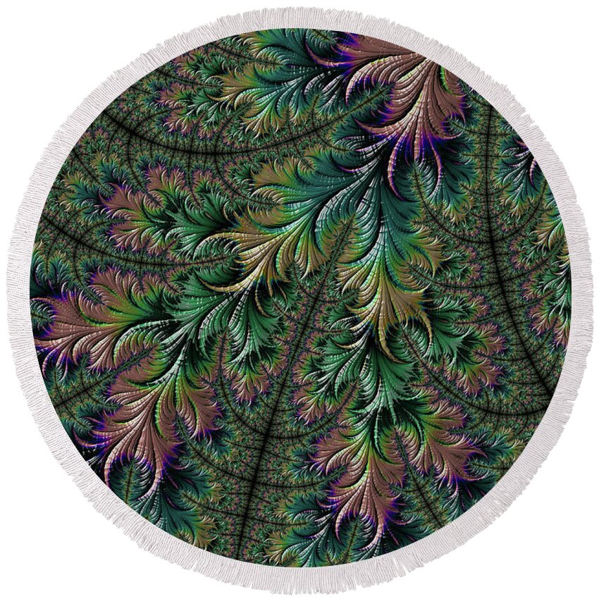 Iridescent Feathers Round Beach Towel featuring the digital art Iridescent Feathers by Becky Herrera