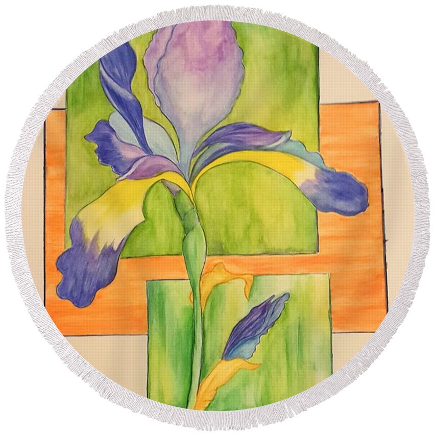 Iris Round Beach Towel featuring the painting Iris by Christina A Pacillo