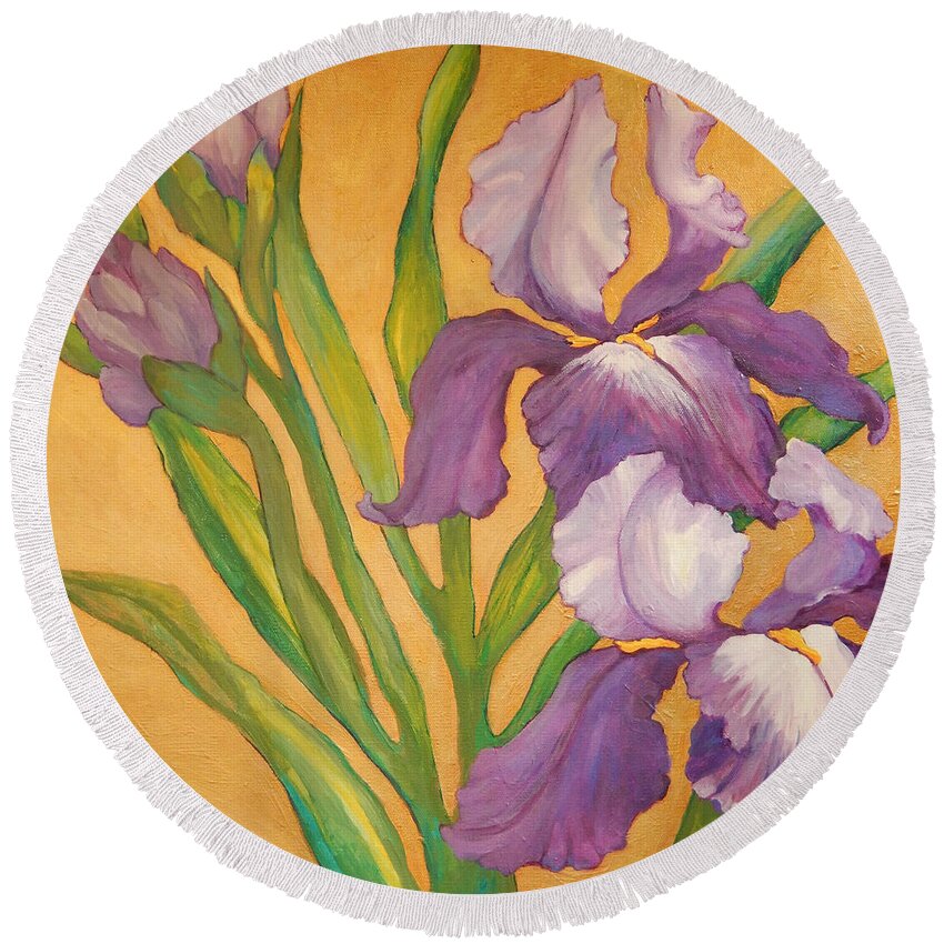 Top Artist Round Beach Towel featuring the painting Iris Melody by Sharon Nelson-Bianco