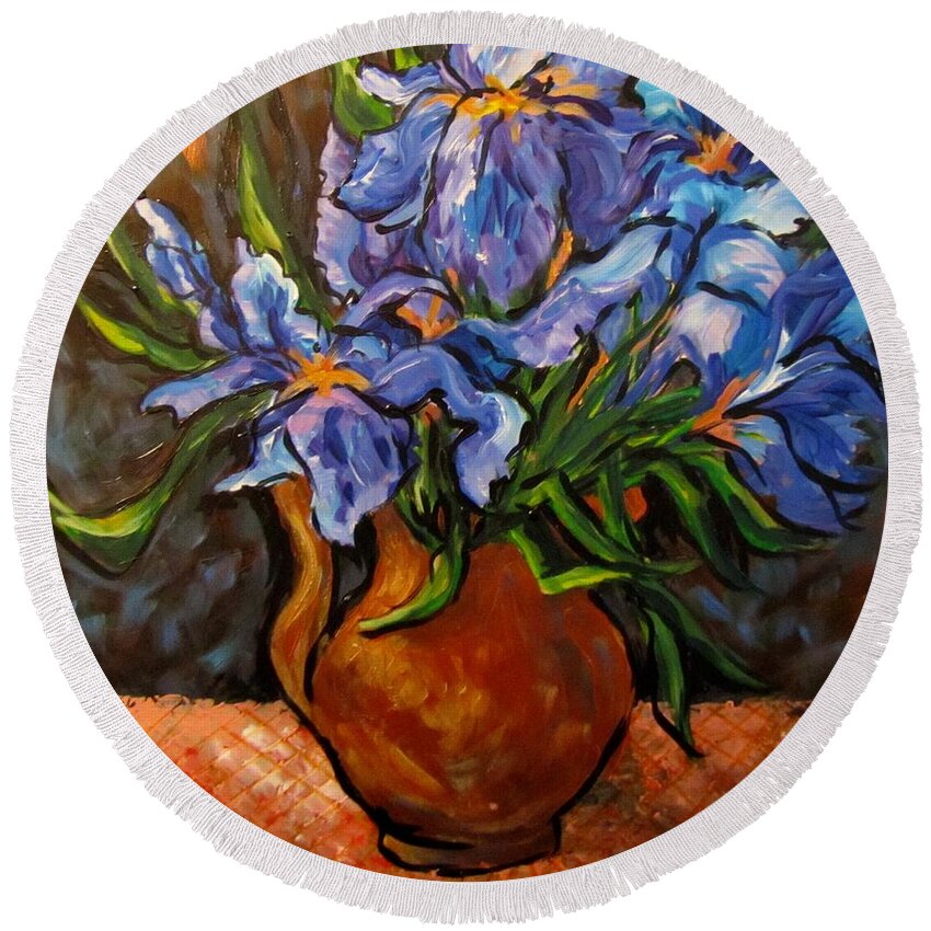 Irises Round Beach Towel featuring the painting Irises by Barbara O'Toole