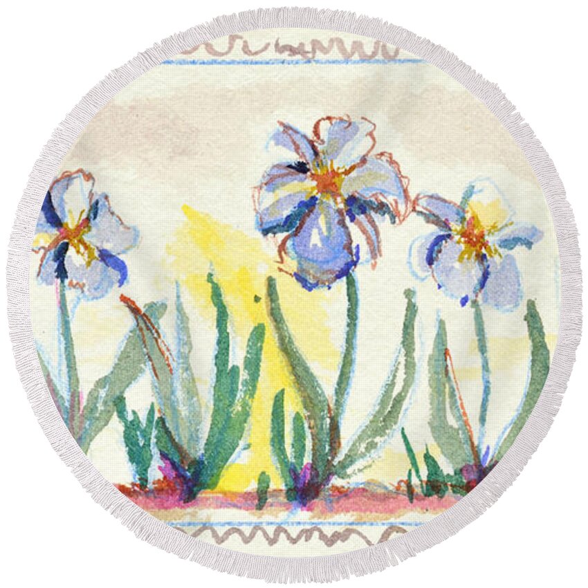 Landscape Round Beach Towel featuring the painting Blue Iris by Carol Oufnac Mahan