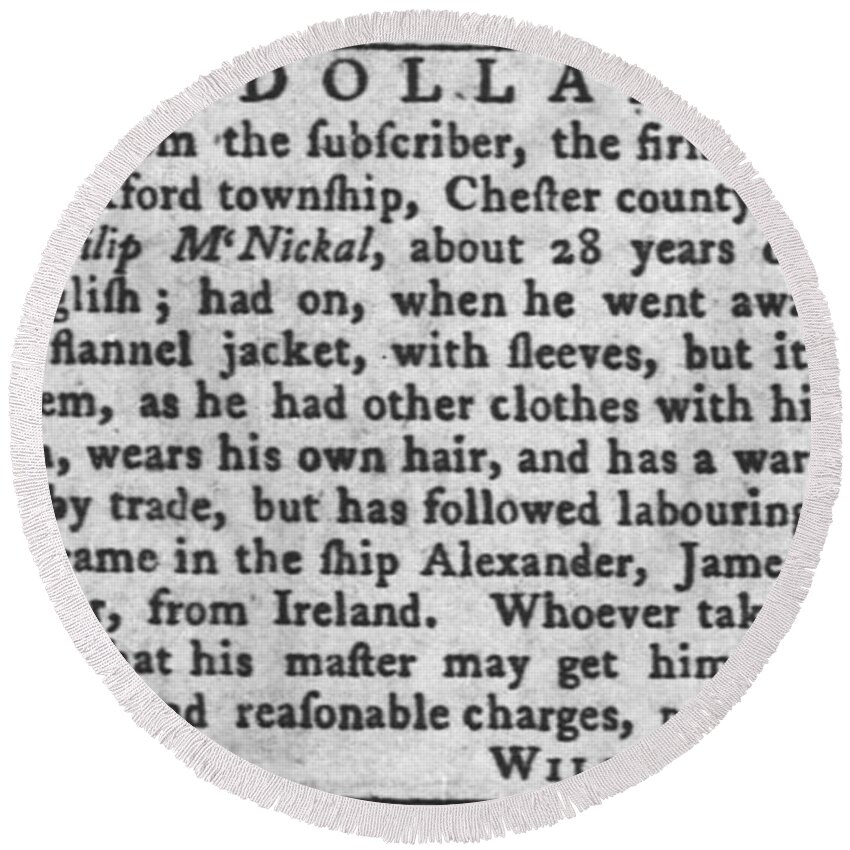 Irish Round Beach Towel featuring the photograph Irish Slaves The Pennsylvania Gazette Wed Oct 26 1774 2 by Robert Rhoads