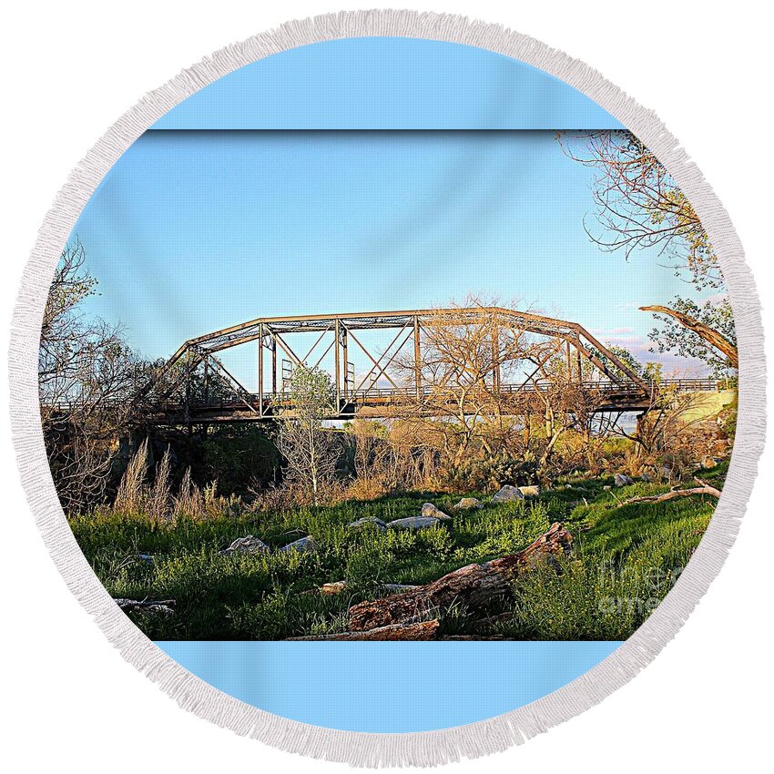 200 Views Round Beach Towel featuring the photograph Iron Trestle by Jenny Revitz Soper