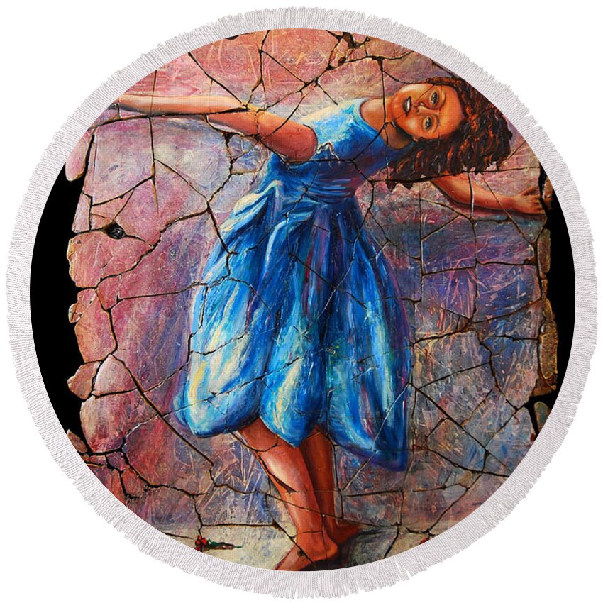 Isadora Duncan Round Beach Towel featuring the painting Isadora Duncan - 1 by Lena Owens - OLena Art Vibrant Palette Knife and Graphic Design