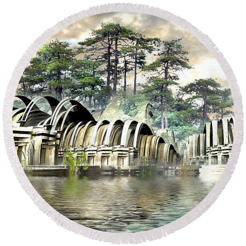 Water Round Beach Towel featuring the digital art Island Bungalows by Hal Tenny