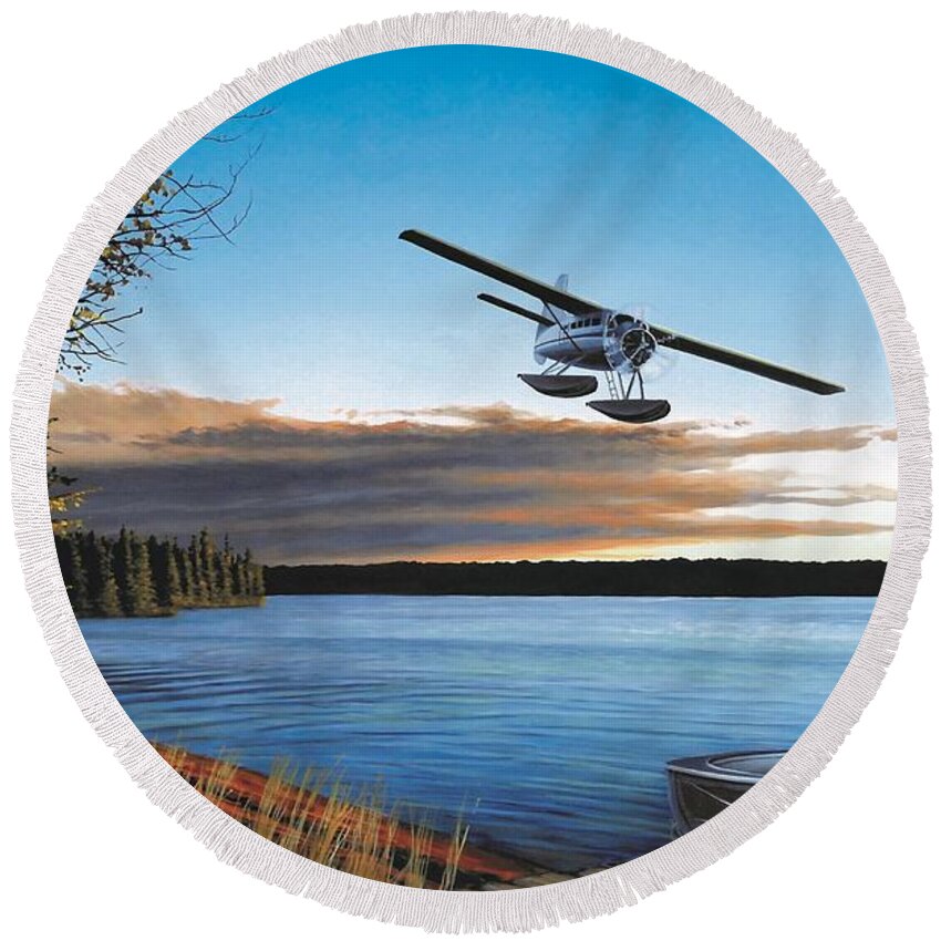 Plane Round Beach Towel featuring the painting Island Fly By by Anthony J Padgett