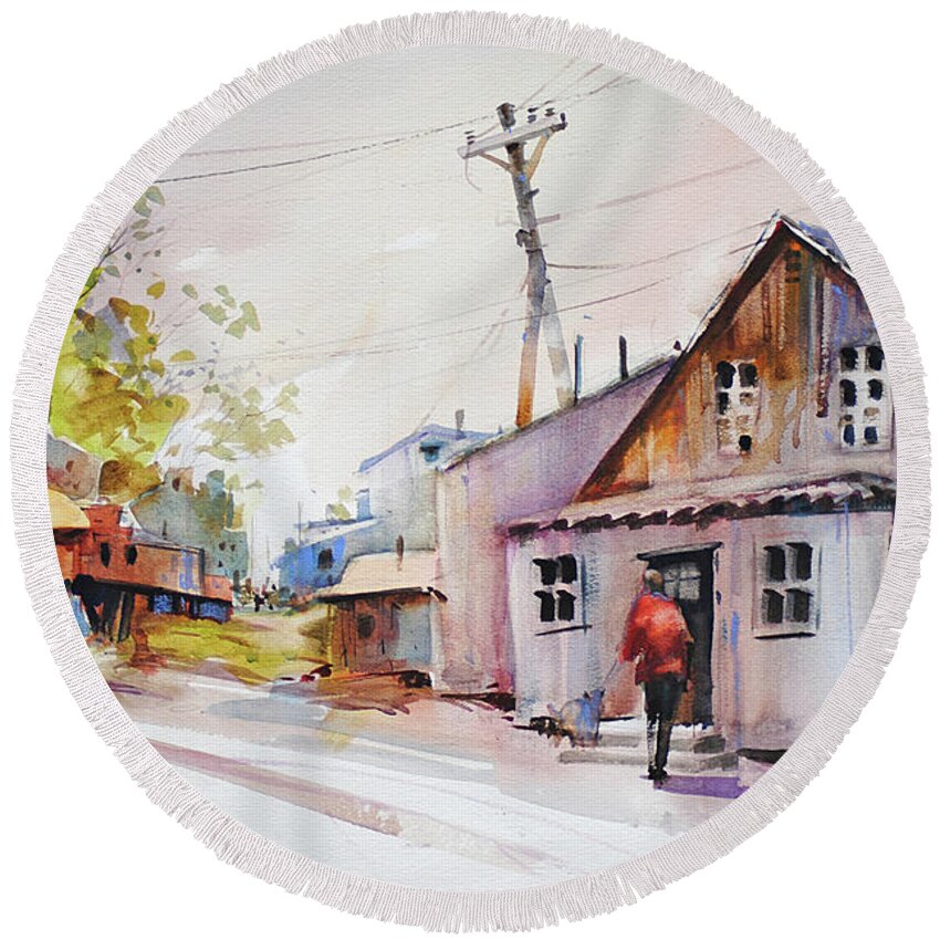 Visco Round Beach Towel featuring the painting Island Shipyard by P Anthony Visco
