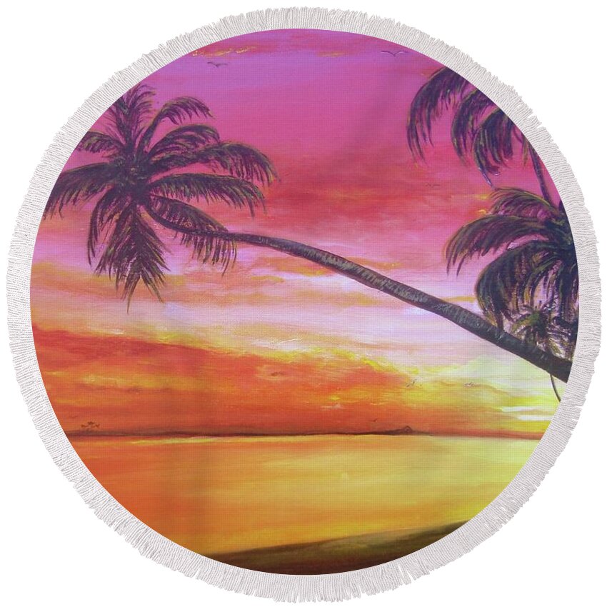 Palm Round Beach Towel featuring the painting Island Sunrise by Dawn Harrell