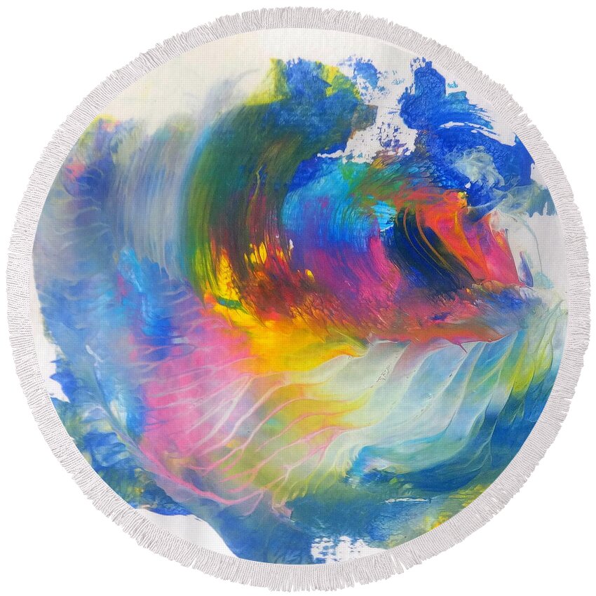 Abstract Round Beach Towel featuring the painting Island Sunrise by Fred Wilson