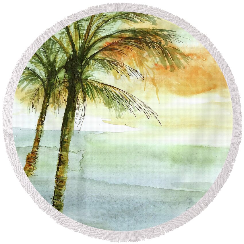 Original Watercolors Round Beach Towel featuring the painting Island Sunset II by Chris Paschke