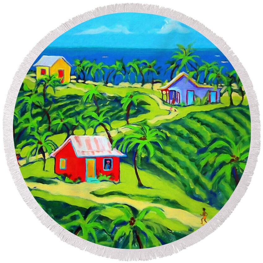 Colorful Houses Round Beach Towel featuring the painting Island Time - Colorful Houses Caribbean Cottages by Rebecca Korpita