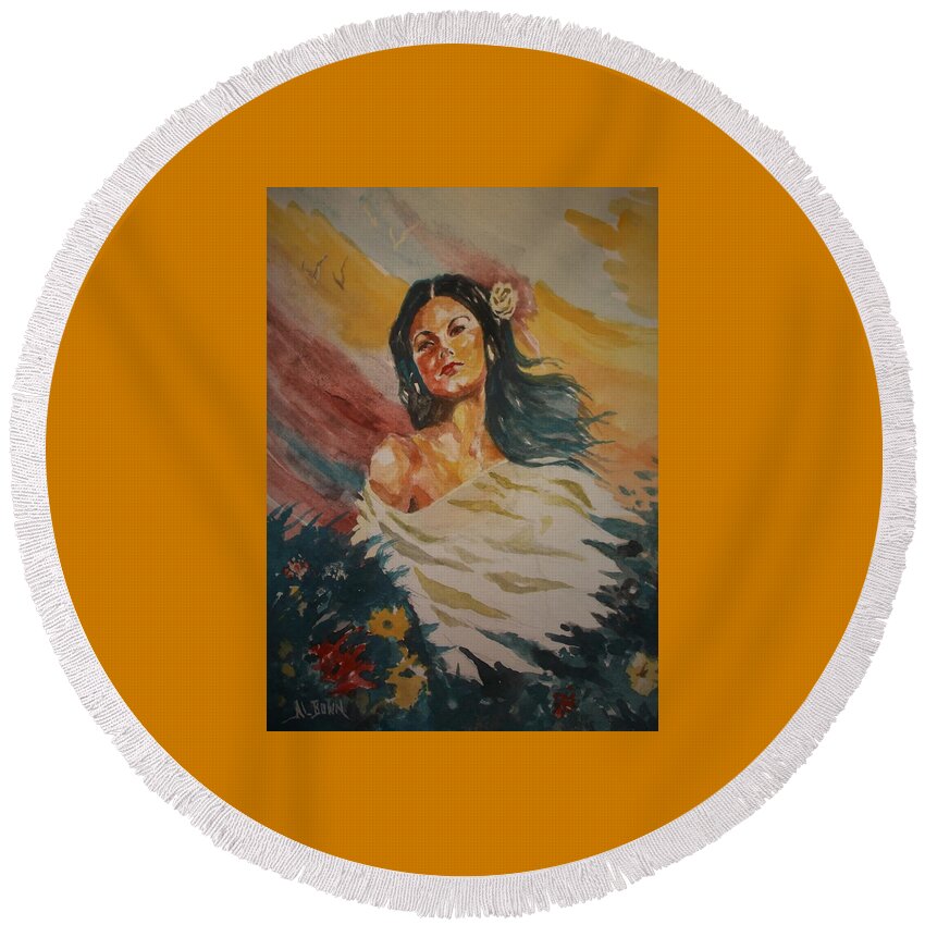 Female Round Beach Towel featuring the painting Island Tradewinds by Al Brown