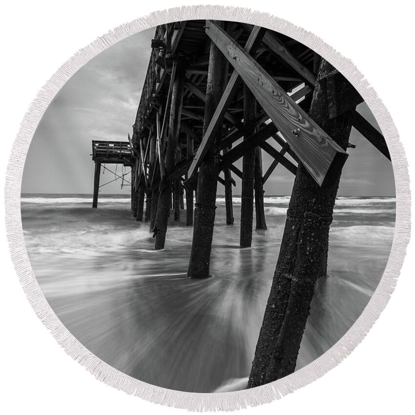 Isle Of Palms Round Beach Towel featuring the photograph Isle of Palms Pier Water in Motion by Donnie Whitaker