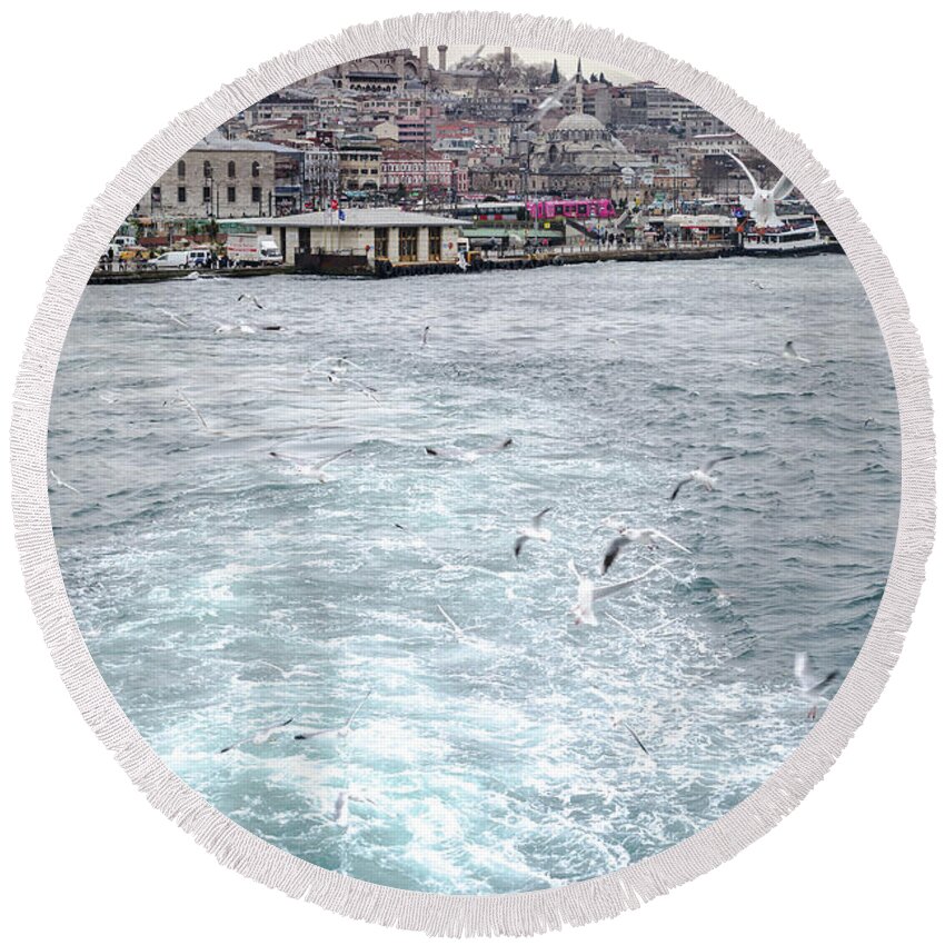 Birds Round Beach Towel featuring the photograph Istanbul to Kadikoy, Ferry Ride on the Golden Horn by Perry Rodriguez
