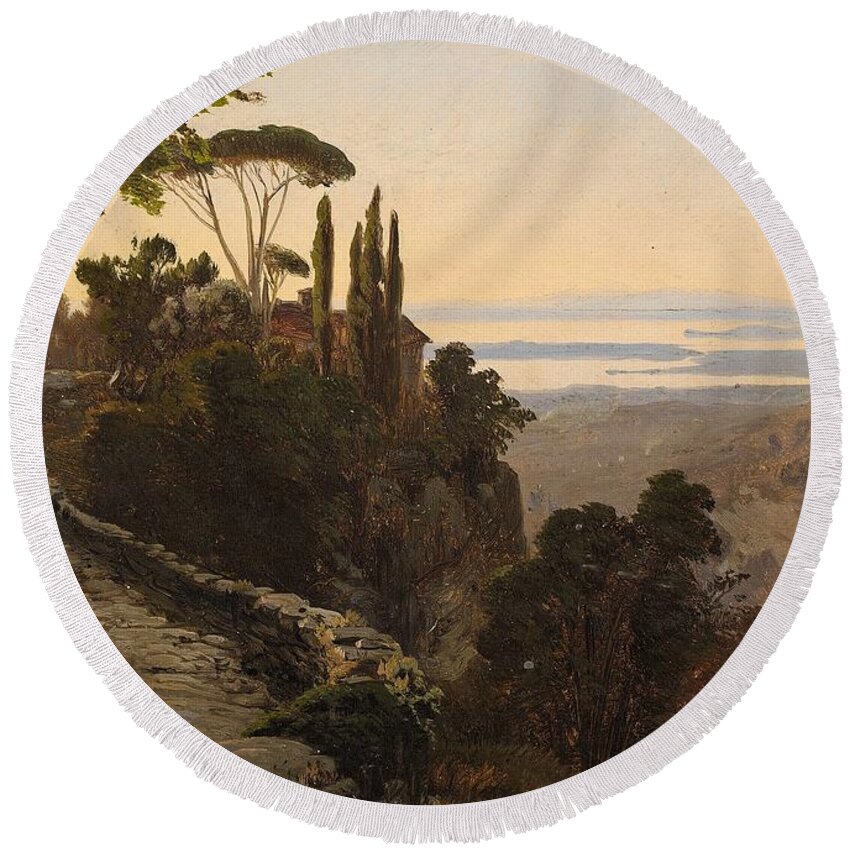 Oswald Achenbach Round Beach Towel featuring the painting Italian Landscape by MotionAge Designs