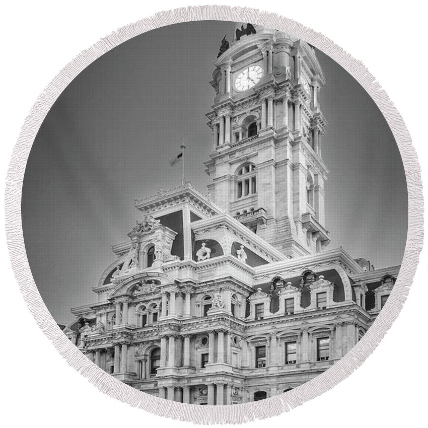 Philadelphia City Hall Round Beach Towel featuring the photograph It's Five O'Clock In Philly BW by Susan Candelario