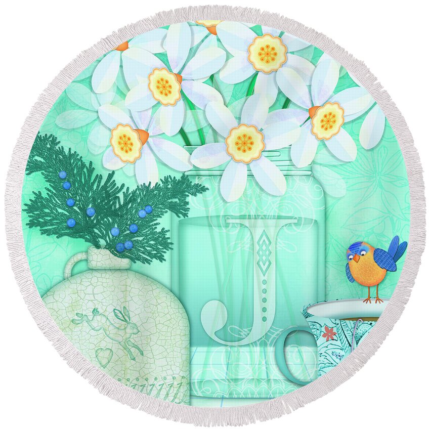 Still Life Round Beach Towel featuring the digital art J is for Jar of Jonquils by Valerie Drake Lesiak