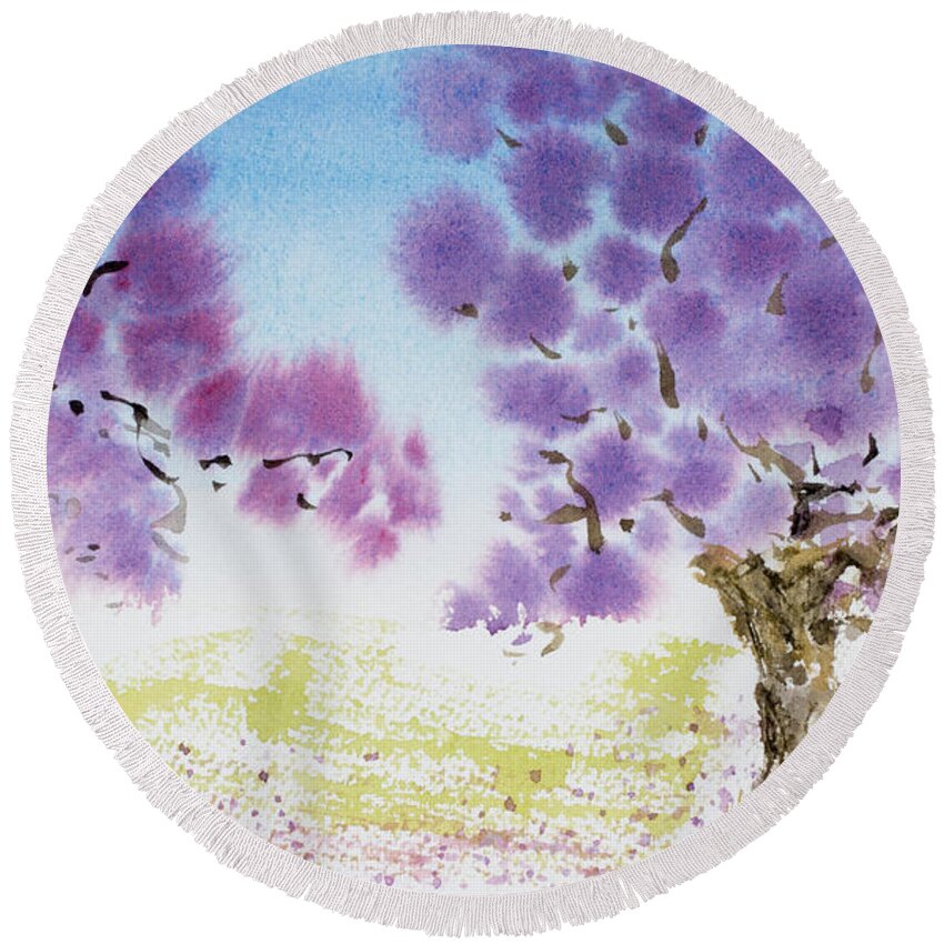 Argentina Round Beach Towel featuring the painting Jacaranda trees blooming in Buenos Aires, Argentina by Dorothy Darden
