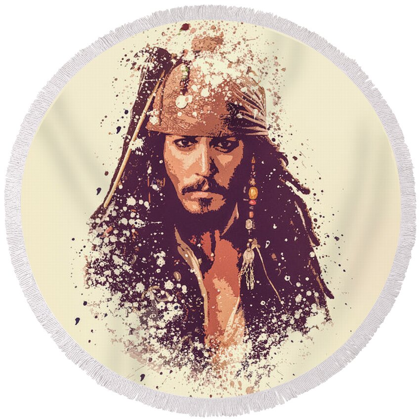 Jack Sparrow Round Beach Towel featuring the painting Jack Sparrow splatter painting by Milani P