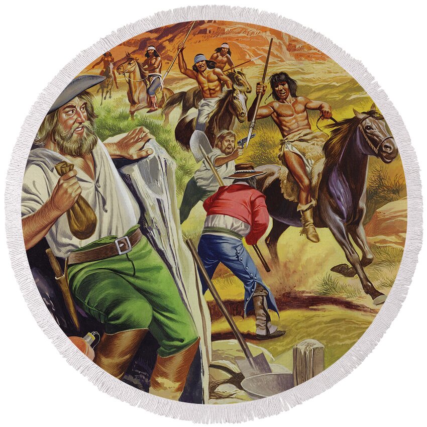 Panning Round Beach Towel featuring the painting Jacob Waltz and his friend being attacked by Apache Indians by Ron Embleton