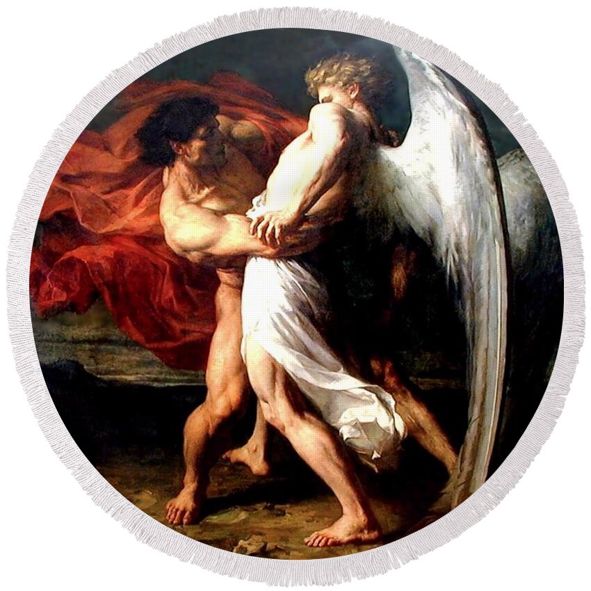 Jacob Wrestling With The Angel Round Beach Towel featuring the painting Jacob Wrestling with the Angel by Alexander Louis Leloir