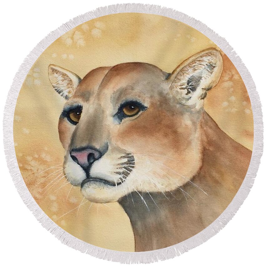 Mountain Lion Round Beach Towel featuring the painting Jade the Mt. Lion by Lyn DeLano