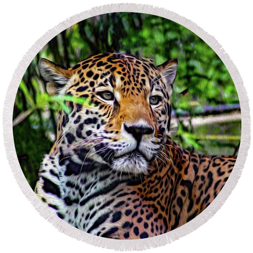Jaguars Round Beach Towel featuring the mixed media Jaguar at Peace by DB Hayes