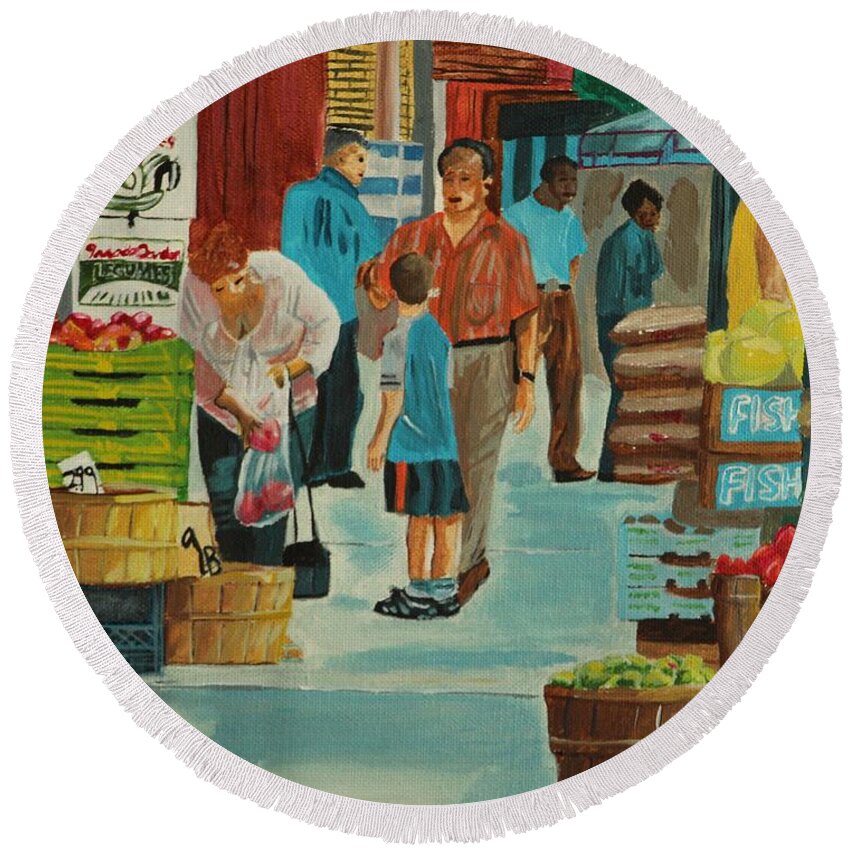 Cityscape Round Beach Towel featuring the painting Jame St Fish Market by David Bigelow