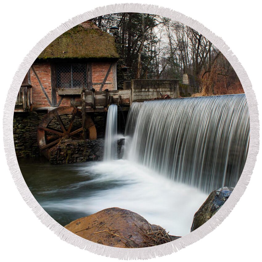 Waterfall Round Beach Towel featuring the photograph January Morning at Gomez Mill #2 by Jeff Severson