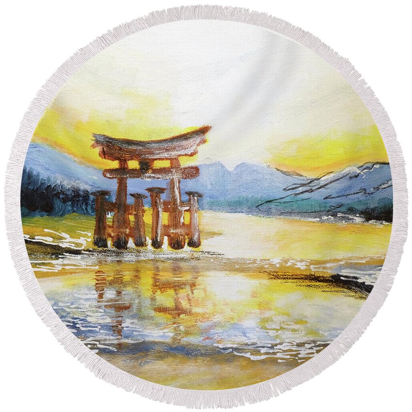 Japan Round Beach Towel featuring the painting Japan by Laura Hol Art