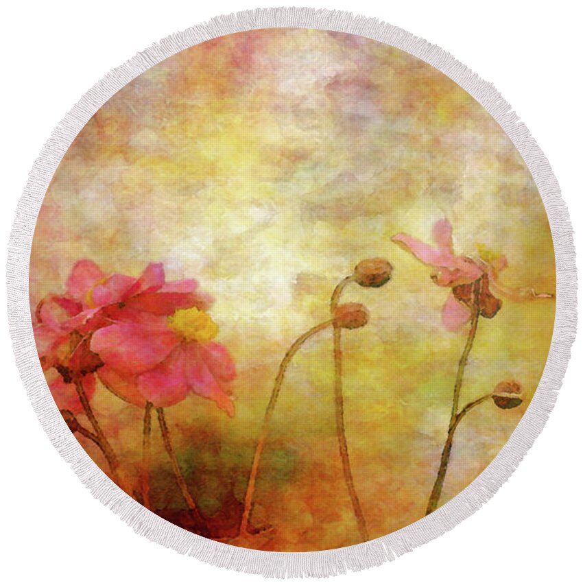 Japanese Anemone Round Beach Towel featuring the photograph Japanese Anemone Landscape 3959 IDP_2 by Steven Ward