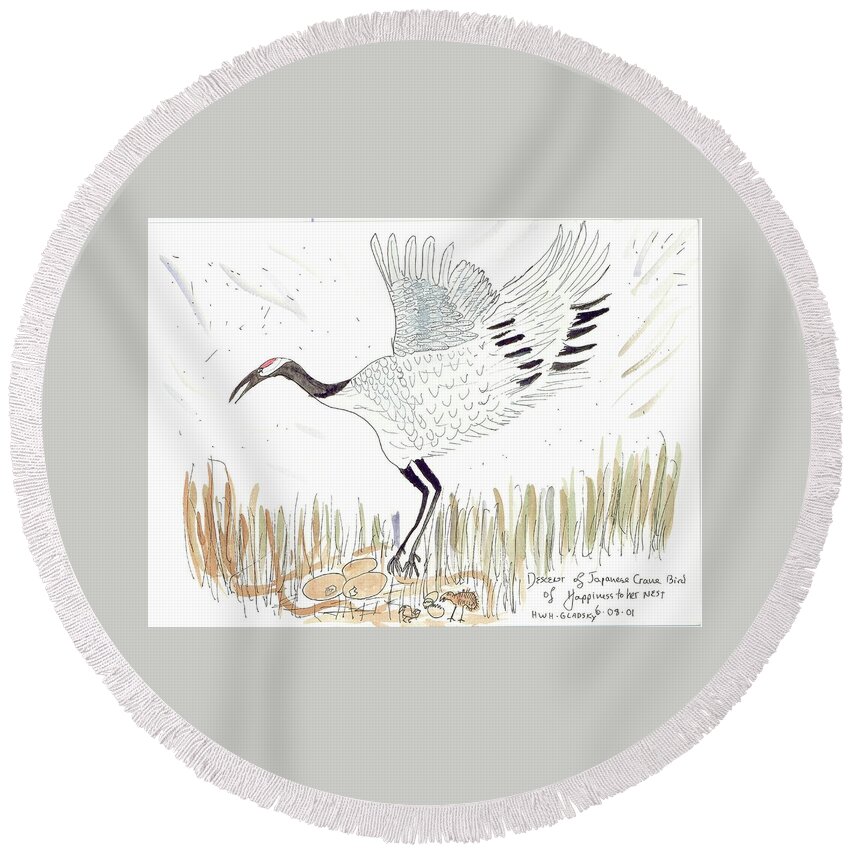Japanese Crane Bird Round Beach Towel featuring the painting Japanese Crane and her nest by Helen Holden-Gladsky
