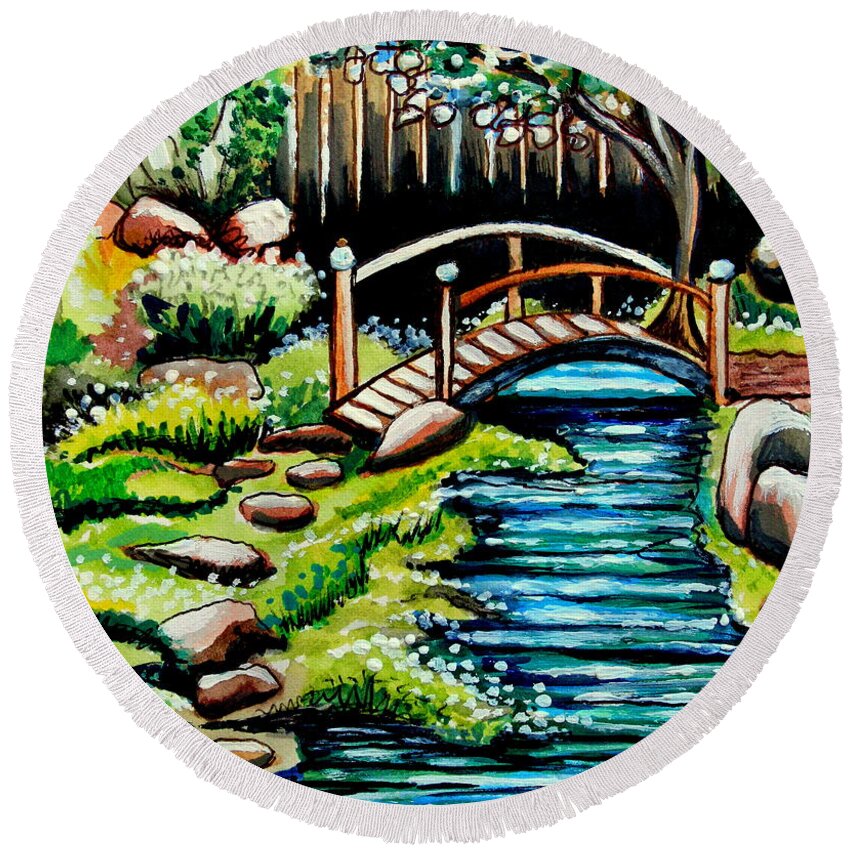 Landcape Round Beach Towel featuring the painting Japanese Tea Gardens by Elizabeth Robinette Tyndall