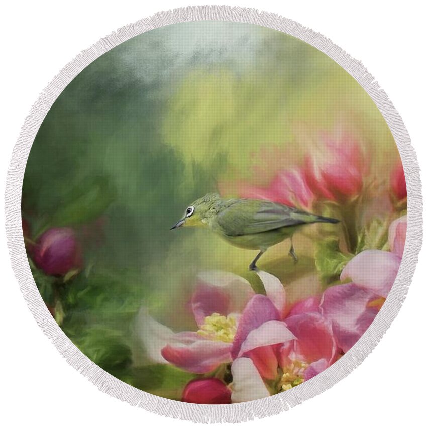 Japanese White-eye Round Beach Towel featuring the photograph Japanese white-eye on a blooming tree by Eva Lechner