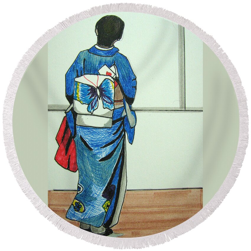 Japonese Culture Round Beach Towel featuring the drawing Japonese Girl by Patricia Arroyo