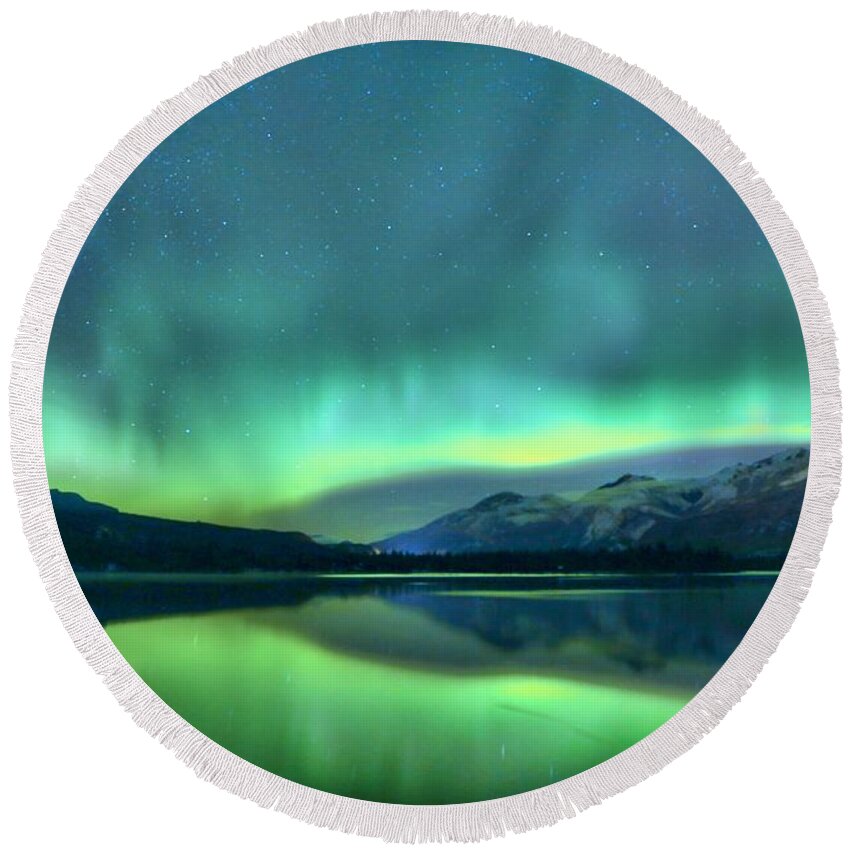 Northern Lights Round Beach Towel featuring the photograph Jasper Shades Of Green by Adam Jewell