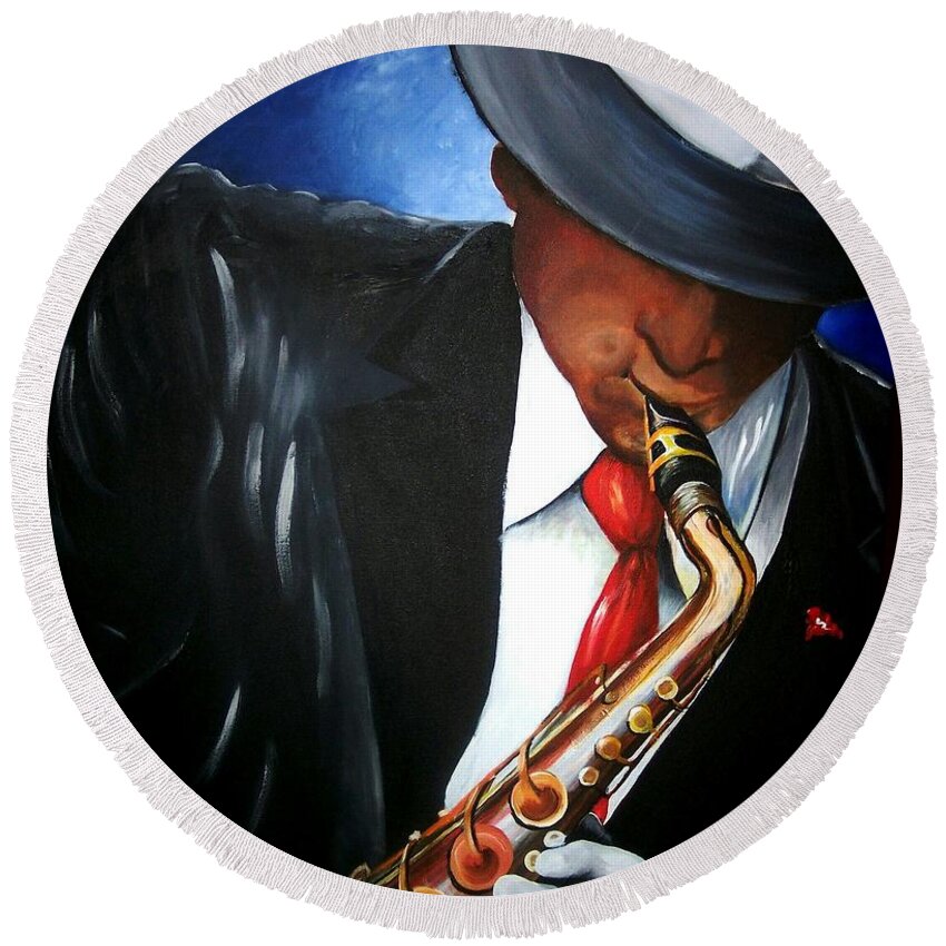 Jazz Round Beach Towel featuring the painting Jazz Man by Arthur Covington
