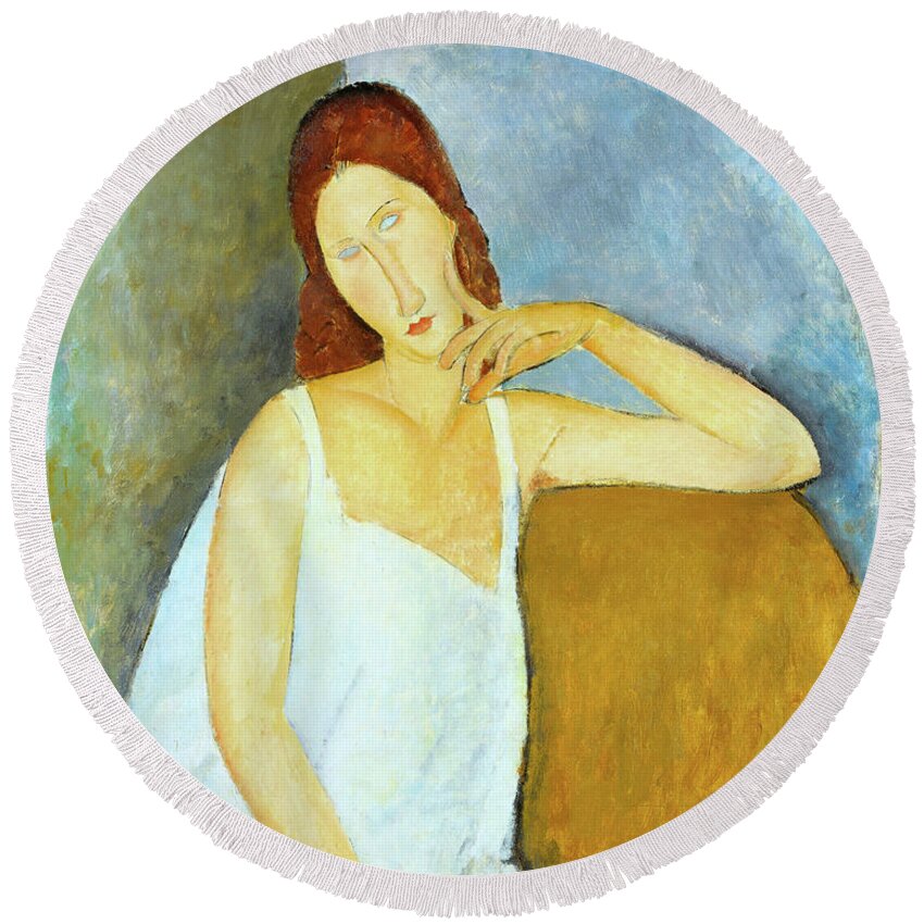 Jeanne Hebuterne Round Beach Towel featuring the painting Jeanne Hebuterne Amedeo Modigliani 1919 by Movie Poster Prints