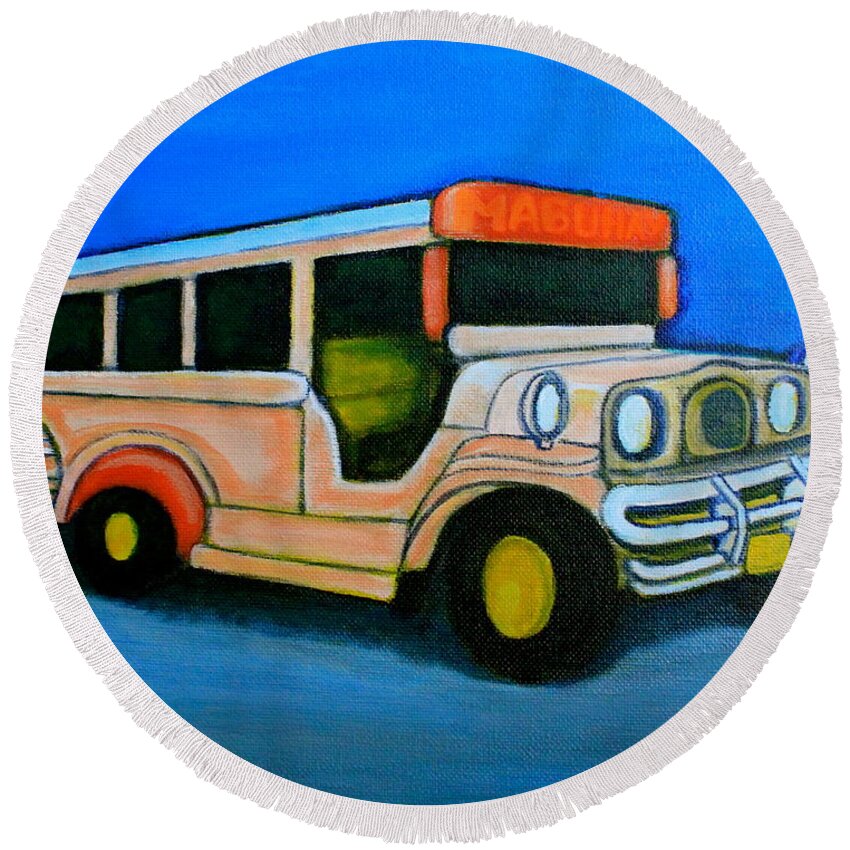 Jeepney Round Beach Towel featuring the painting Jeepney by Cyril Maza