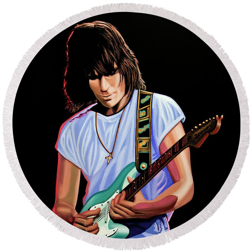Jeff Beck Round Beach Towel featuring the painting Jeff Beck Painting by Paul Meijering