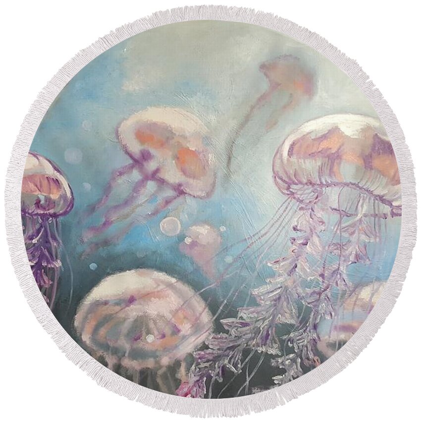 Medusa Round Beach Towel featuring the painting Jelly-fish by Alyona Shostal