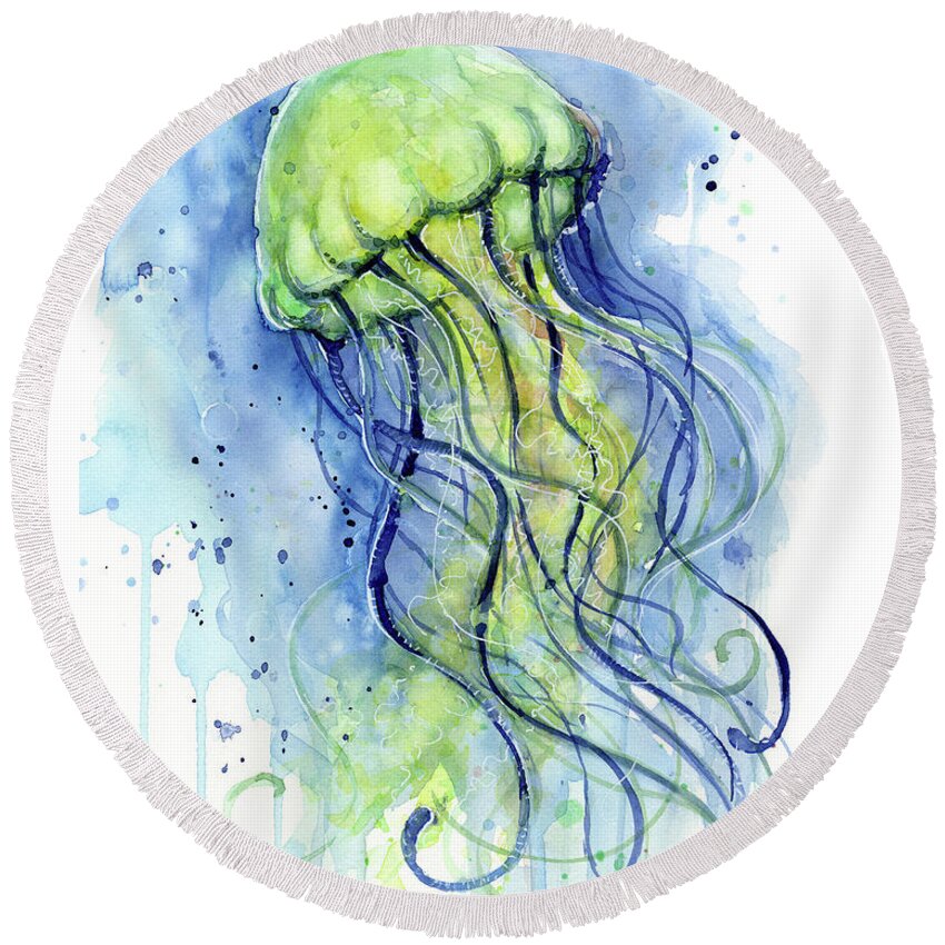 Watercolor Jellyfish Round Beach Towel featuring the painting Jellyfish Watercolor by Olga Shvartsur