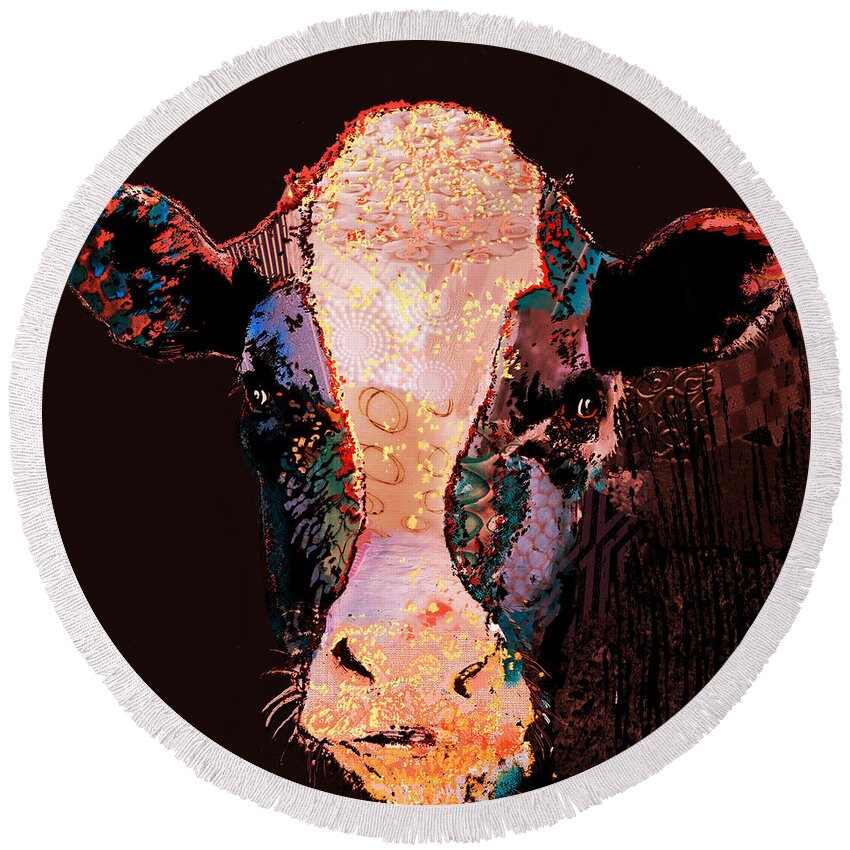 Cow Prints Digital Art Round Beach Towel featuring the digital art Jemima the cow by Marlene Watson